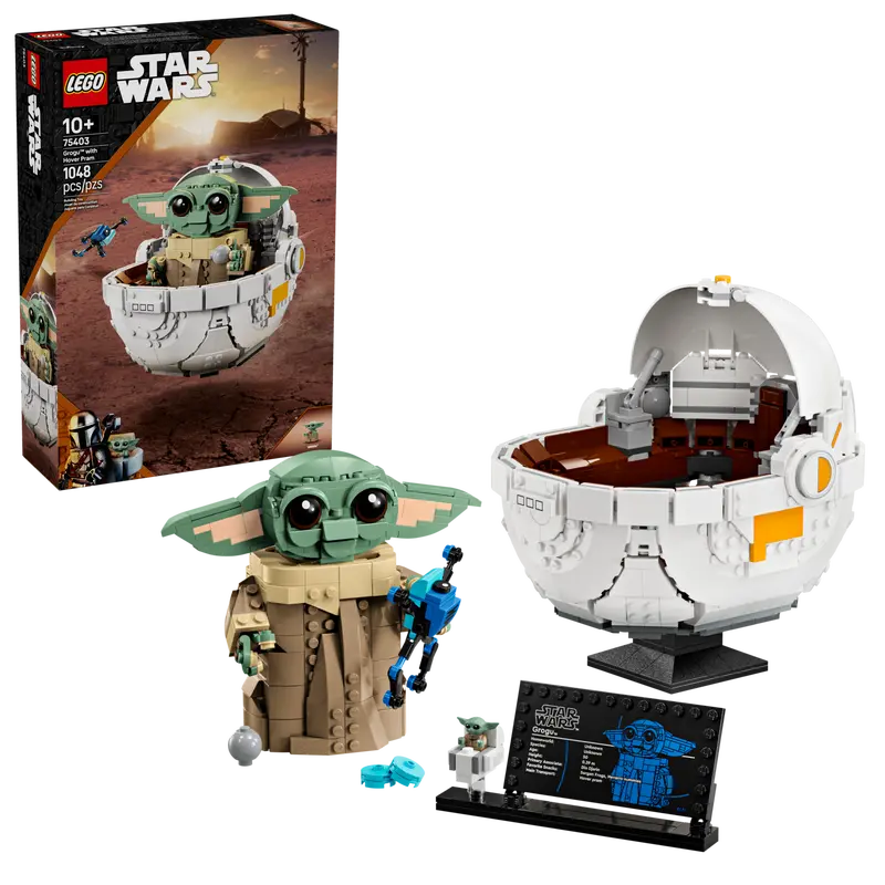 LEGO Star Wars set with Baby Yoda and pram, including packaging on the left.