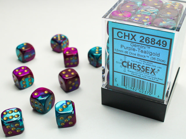 Chessex Gemini Purple-Teal/Gold 12mm D6 Block (36)