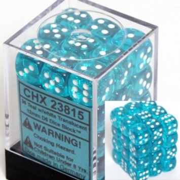 Chessex Translucent Teal/White 12mm D6 Block (36)