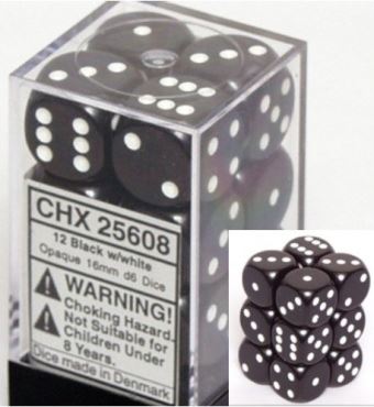 Chessex Opaque Black/White 16mm D6 Block (12)