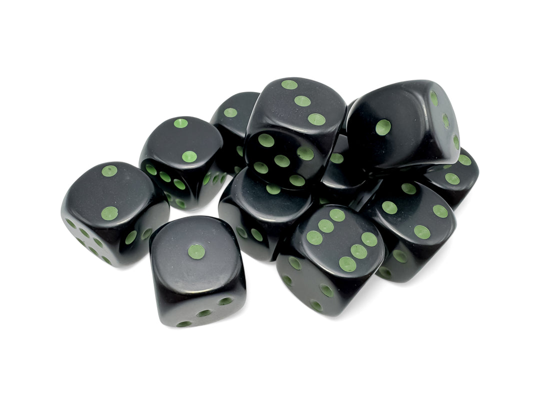 Chessex Opaque Black/Green 16mm D6 Block (12)
