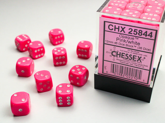 Chessex Opaque Pink/White 12mm D6 Block (36)