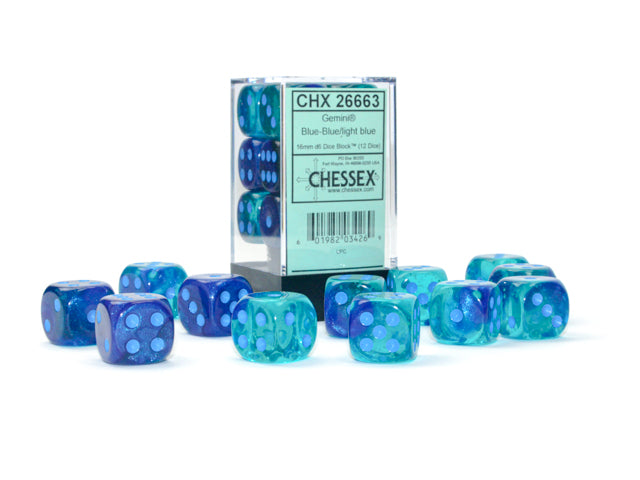 Chessex Gemini Blue-Blue/Light Blue 16mm D6 Block (12)