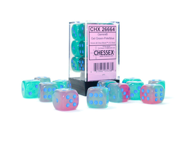 Chessex Gemini Gel Green-Pink/Blue Luminary 16mm D6 Block (12)