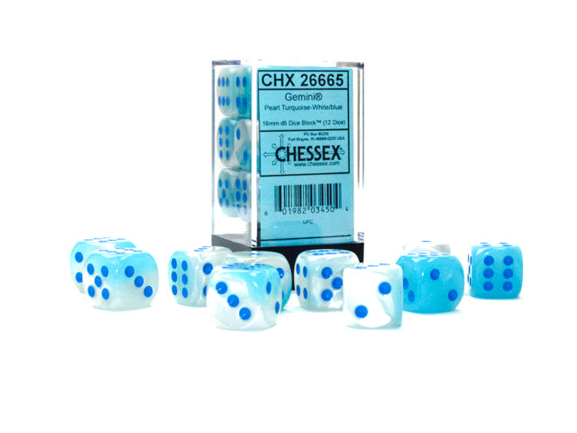 Chessex Gemini Pearl Turquoise-White/Blue Luminary 16mm D6 Block (12)