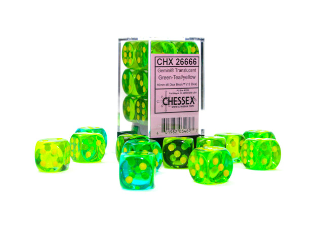 Chessex Gemini Translucent Green-Teal/Yellow 16mm D6 Block (12)