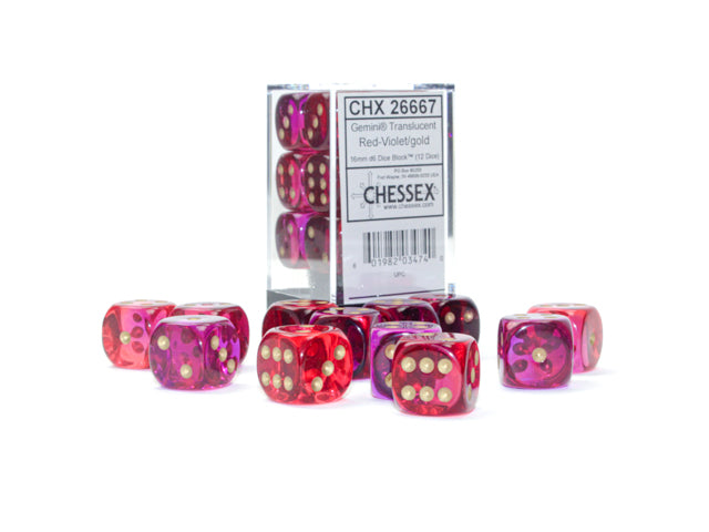 Chessex Gemini Translucent Red-Violet/Gold 16mm D6 Block (12)