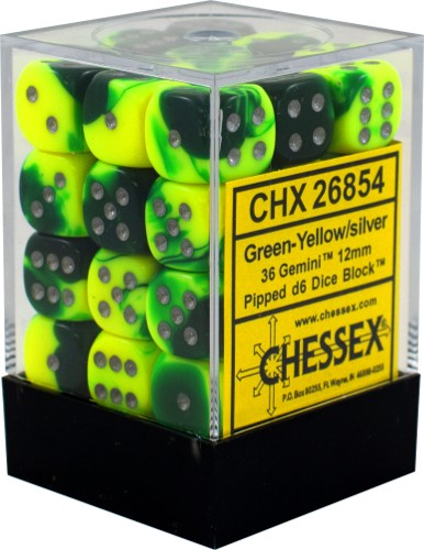 Chessex Gemini Green-Yellow/Silver 12mm D6 Block (36)