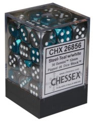 Chessex Gemini Steel-Teal/White 12mm D6 Block (36)