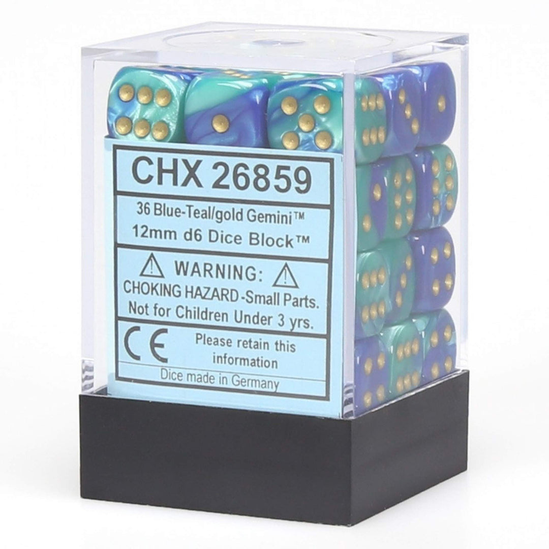 Chessex Gemini Blue-Teal/Gold 12mm D6 Block (36)