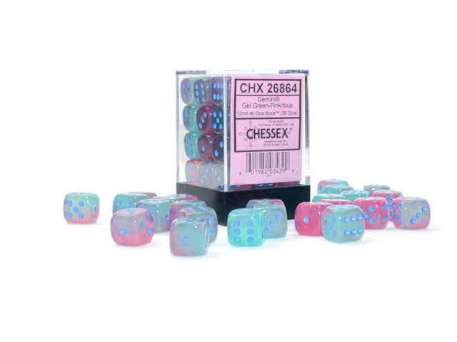 Chessex Gemini Gel Green-Pink/Blue Luminary 12mm D6 Block (36)