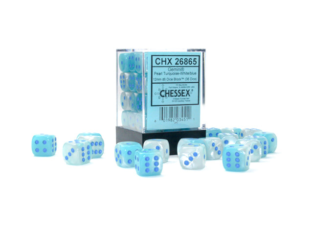 Chessex Gemini Pearl Turquoise-White/Blue Luminary 12mm D6 Block (36)