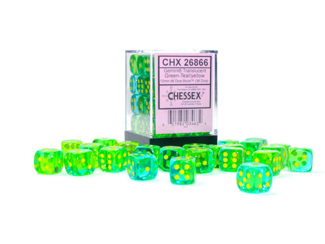 Chessex Gemini Translucent Green-Teal/Yellow 12mm D6 Block (36)