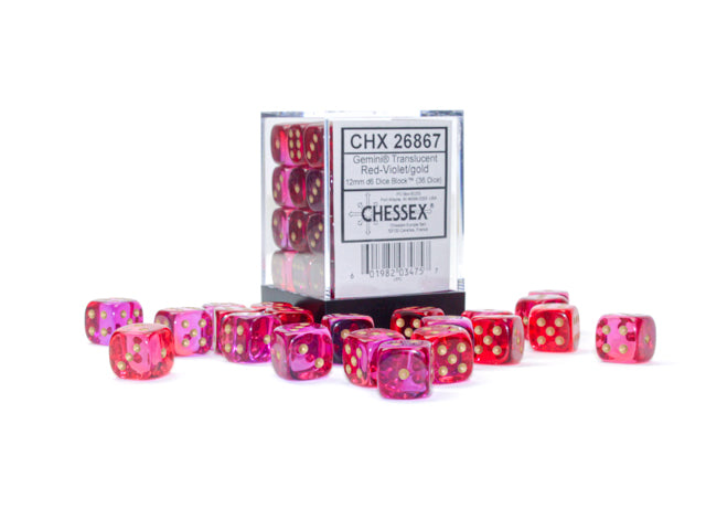 Chessex Gemini Translucent Red-Violet/Gold 12mm D6 Block (36)