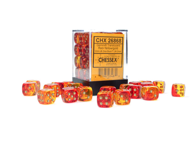 Chessex Gemini Translucent Red-Yellow/Gold 12mm D6 Block (36)