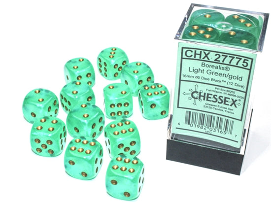 Chessex Borealis Light Green/Gold Luminary 16mm D6 Block (12)