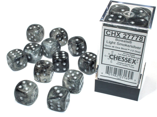 Chessex Borealis Light Smoke/Silver Luminary 16mm D6 Block (12)