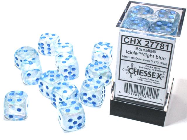 Chessex Borealis Icicle/Light Blue Luminary 16mm D6 Block (12)