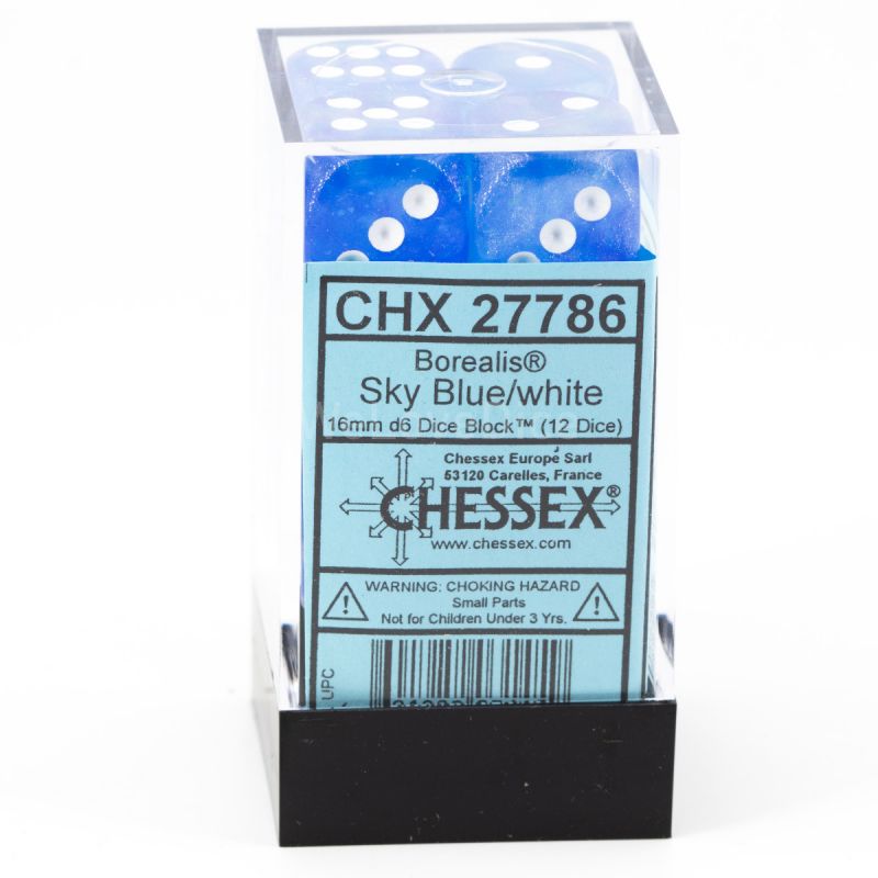 Chessex Borealis Sky Blue/White Luminary 16mm D6 Block (12)