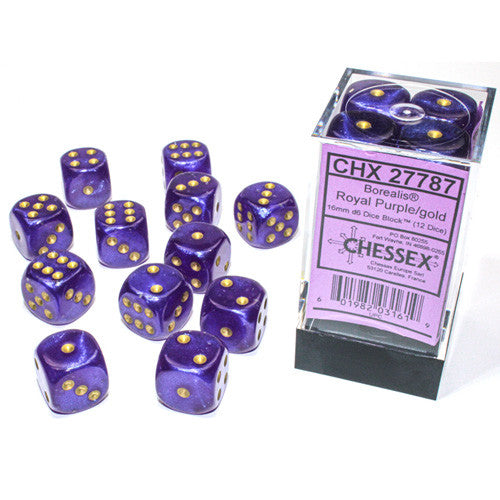 Chessex Borealis Royal Purple/Gold Luminary 16mm D6 Block (12)
