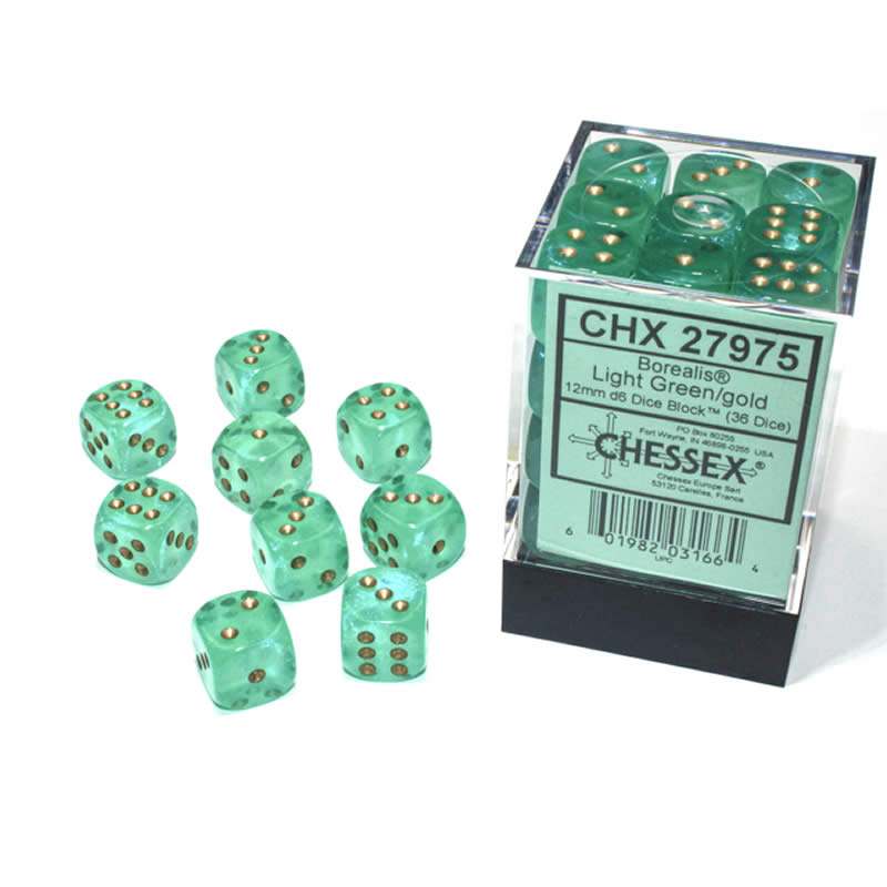 Chessex Borealis Light Green/Gold Luminary 12mm D6 Block (36)