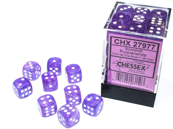 Chessex Borealis Purple/White Luminary 12mm D6 Block (36)