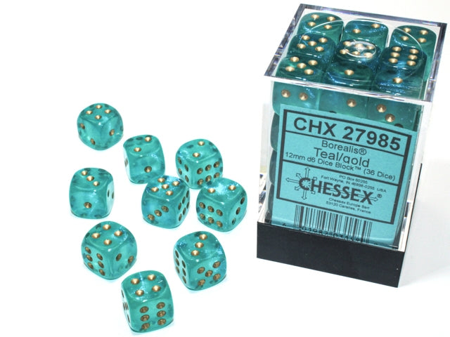 Chessex Borealis Teal/Gold Luminary 12mm D6 Block (36)