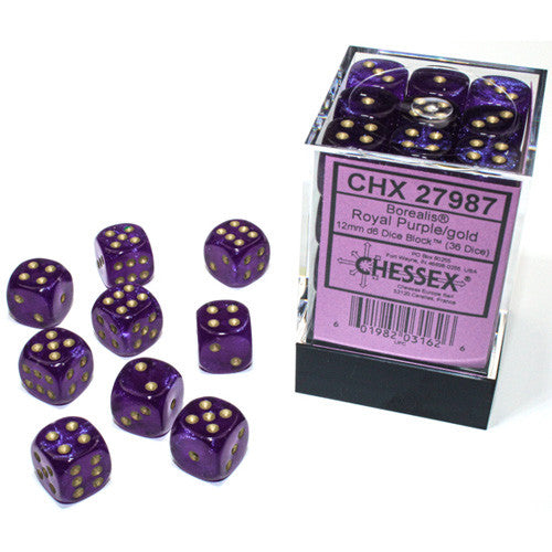 Chessex Borealis Royal Purple/Gold Luminary 12mm D6 Block (36)