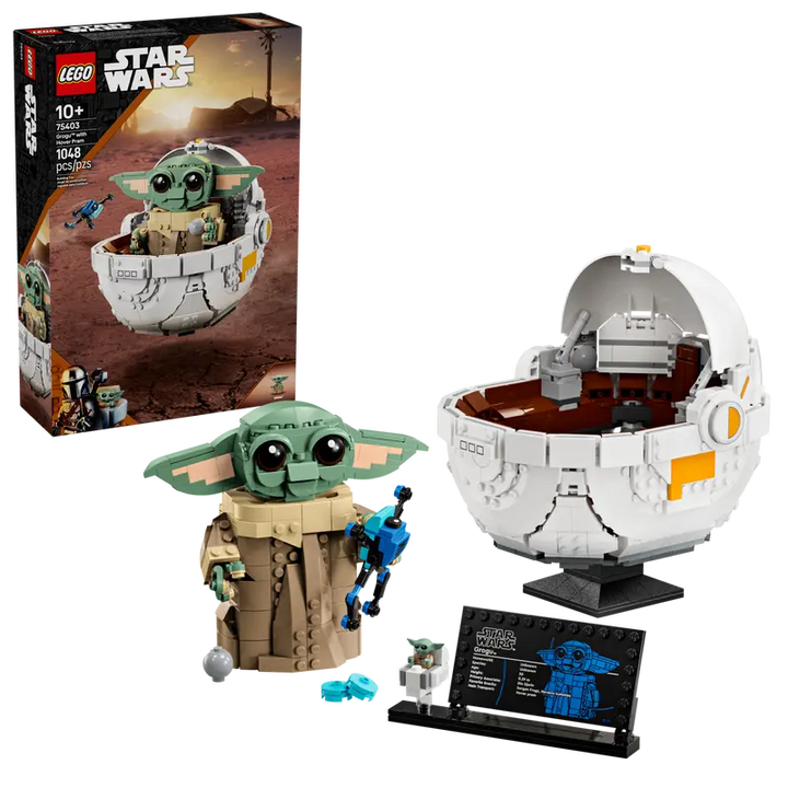 LEGO Star Wars set with Baby Yoda and pram, including packaging on the left.