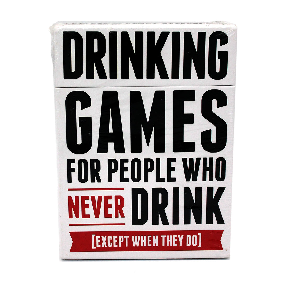 Card game box titled 'Drinking Games for People Who Never Drink' on a white background