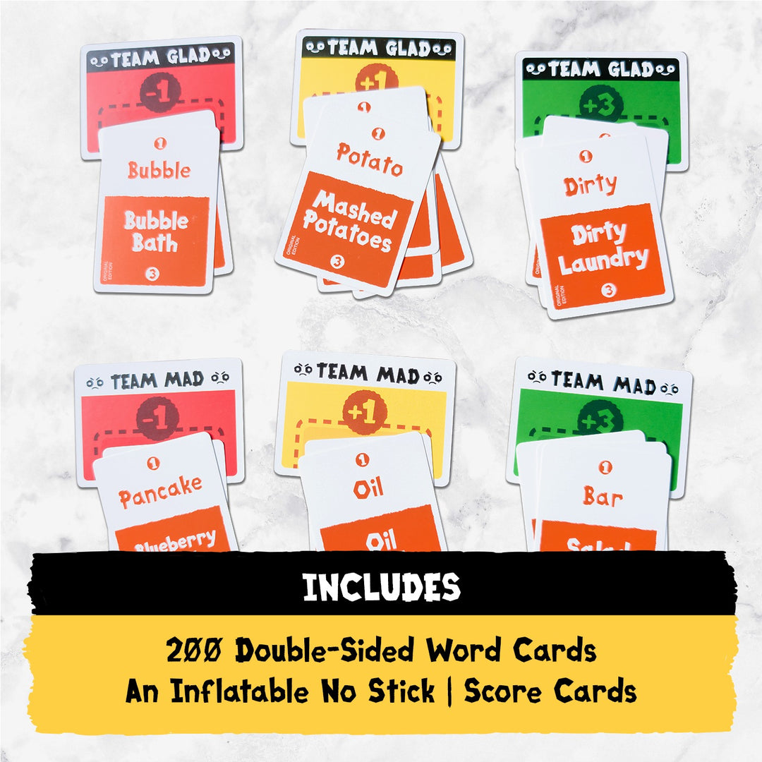 Poetry for Neanderthals contents: 200 double-sided word cards, inflatable No Stick, score cards