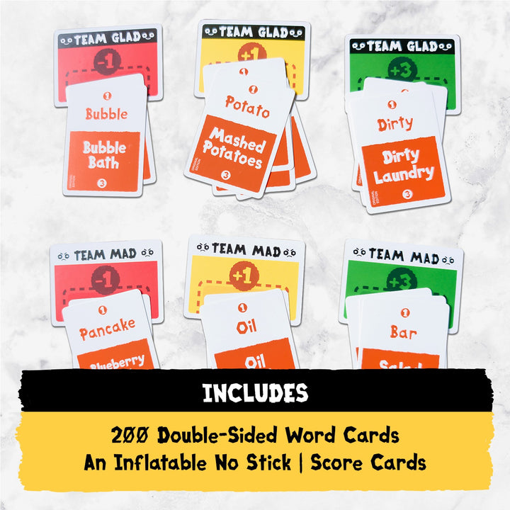 Poetry for Neanderthals contents: 200 double-sided word cards, inflatable No Stick, score cards